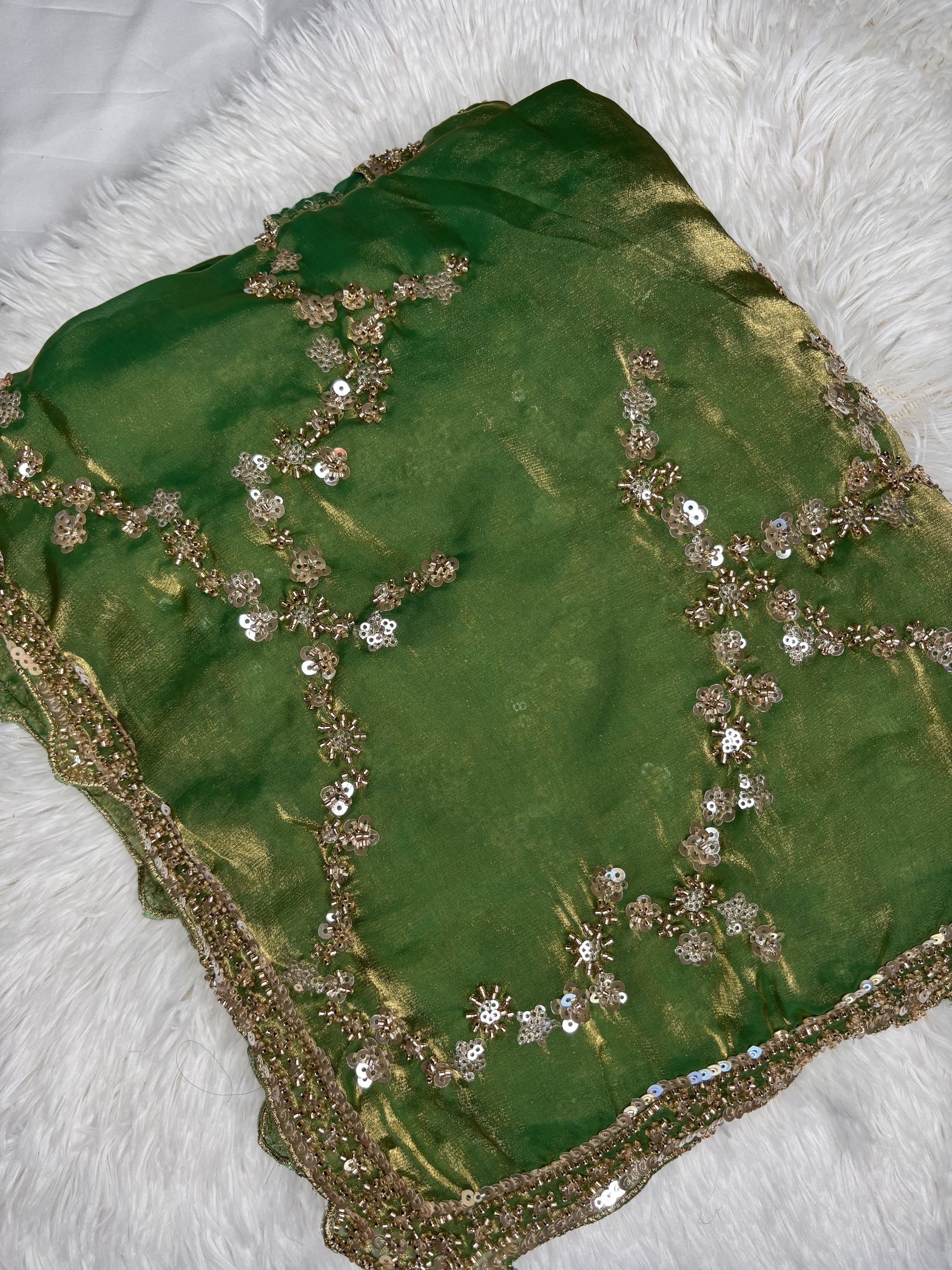Organza Fendi Silk Bridal Gold Sequence Saree