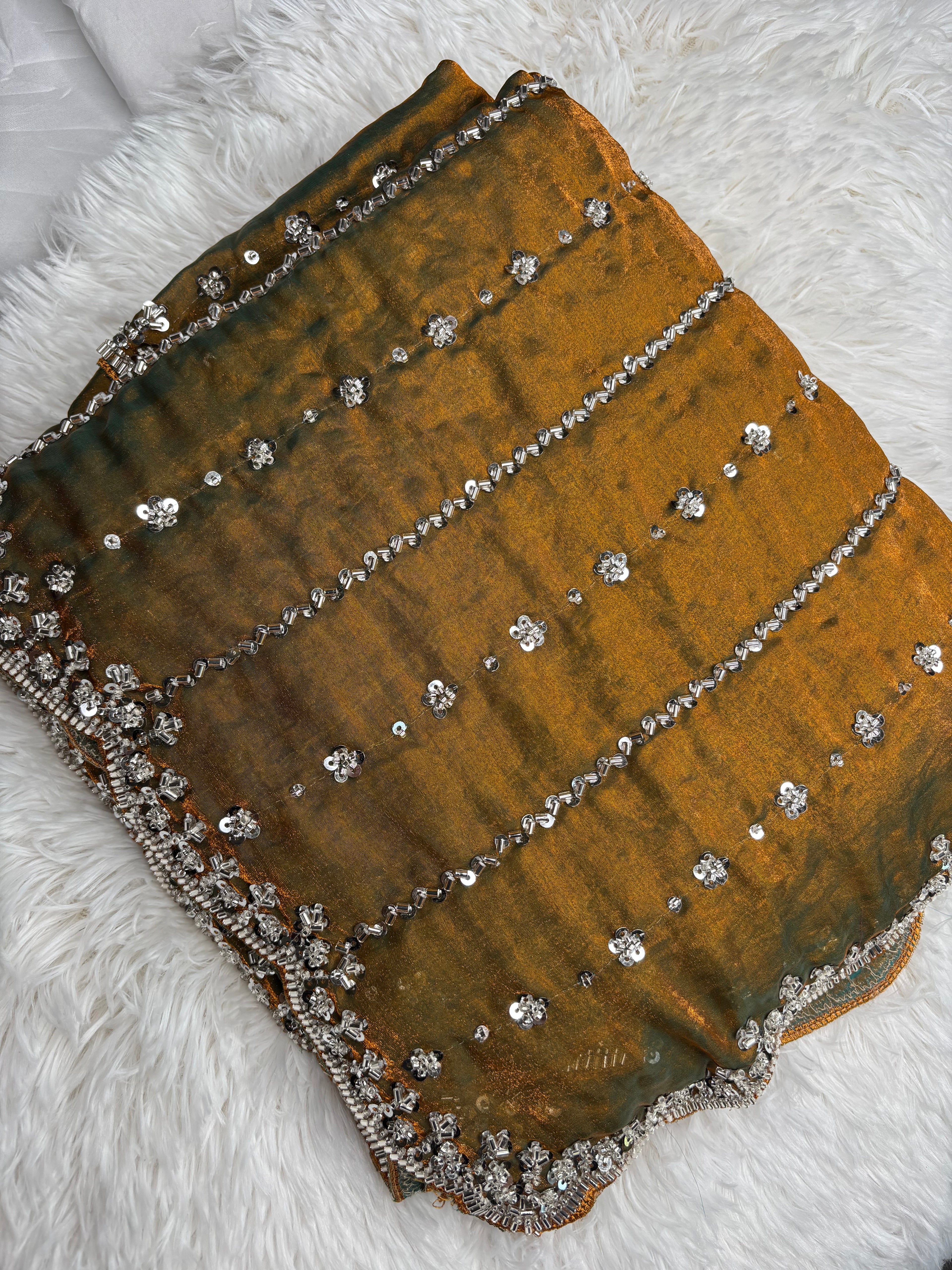 Kaddhana Beads Organza Fendi Silk Saree