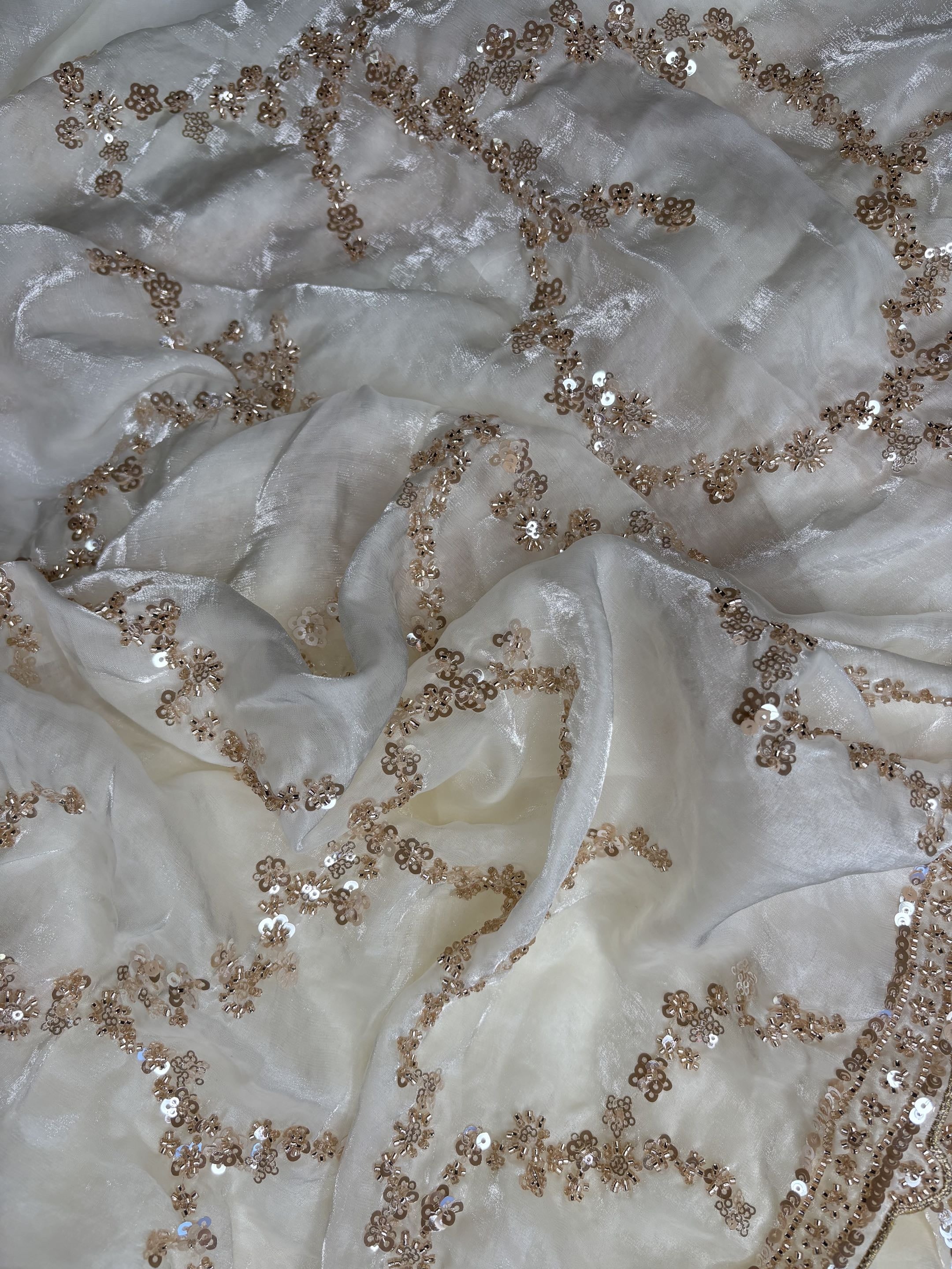 Organza Fendi Silk Bridal Gold Sequence Saree