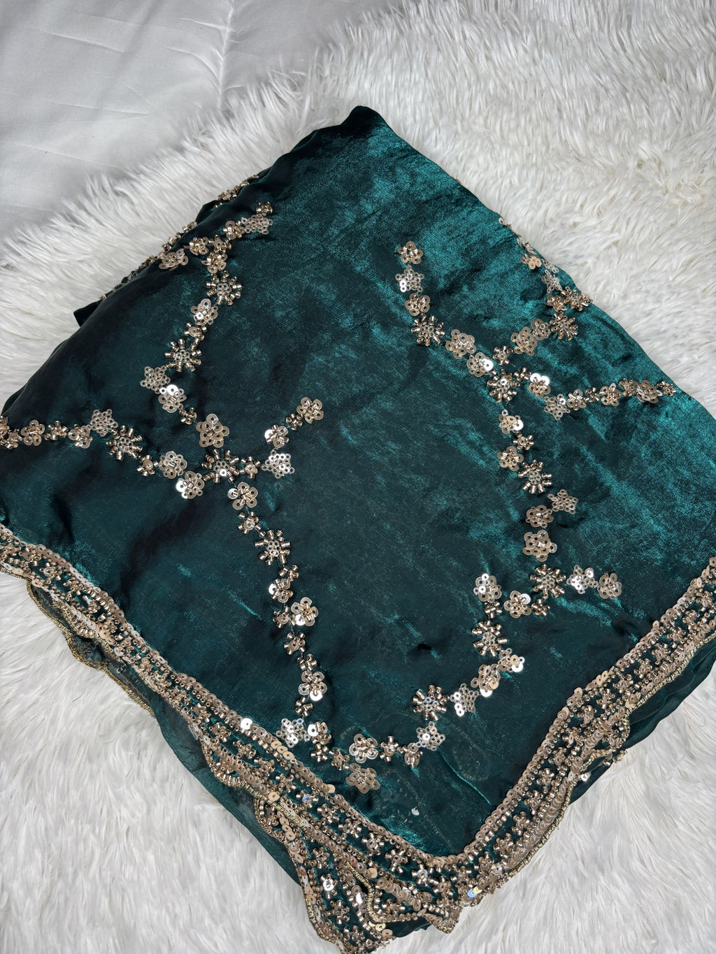 Organza Fendi Silk Bridal Gold Sequence Saree