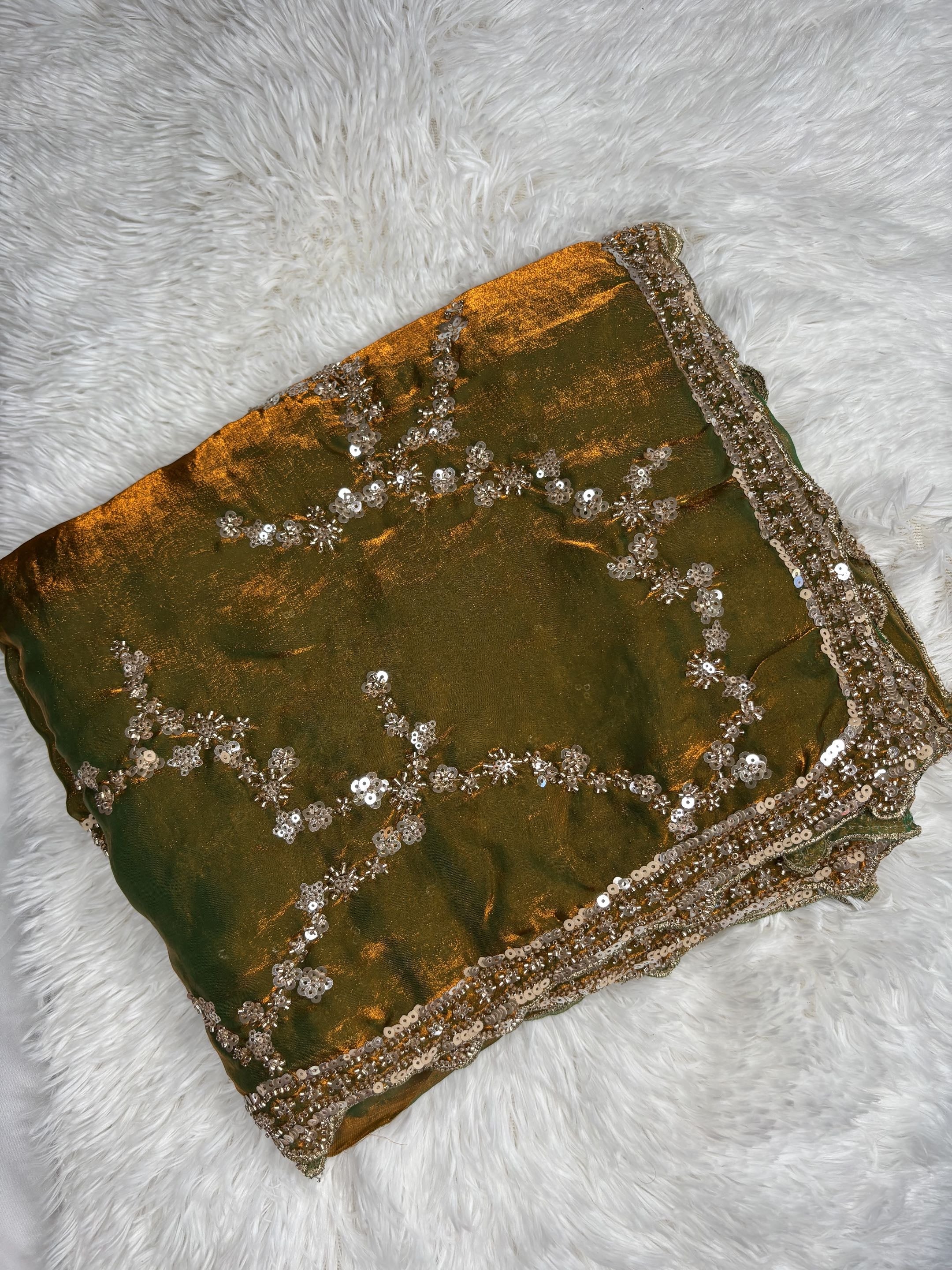 Organza Fendi Silk Bridal Gold Sequence Saree