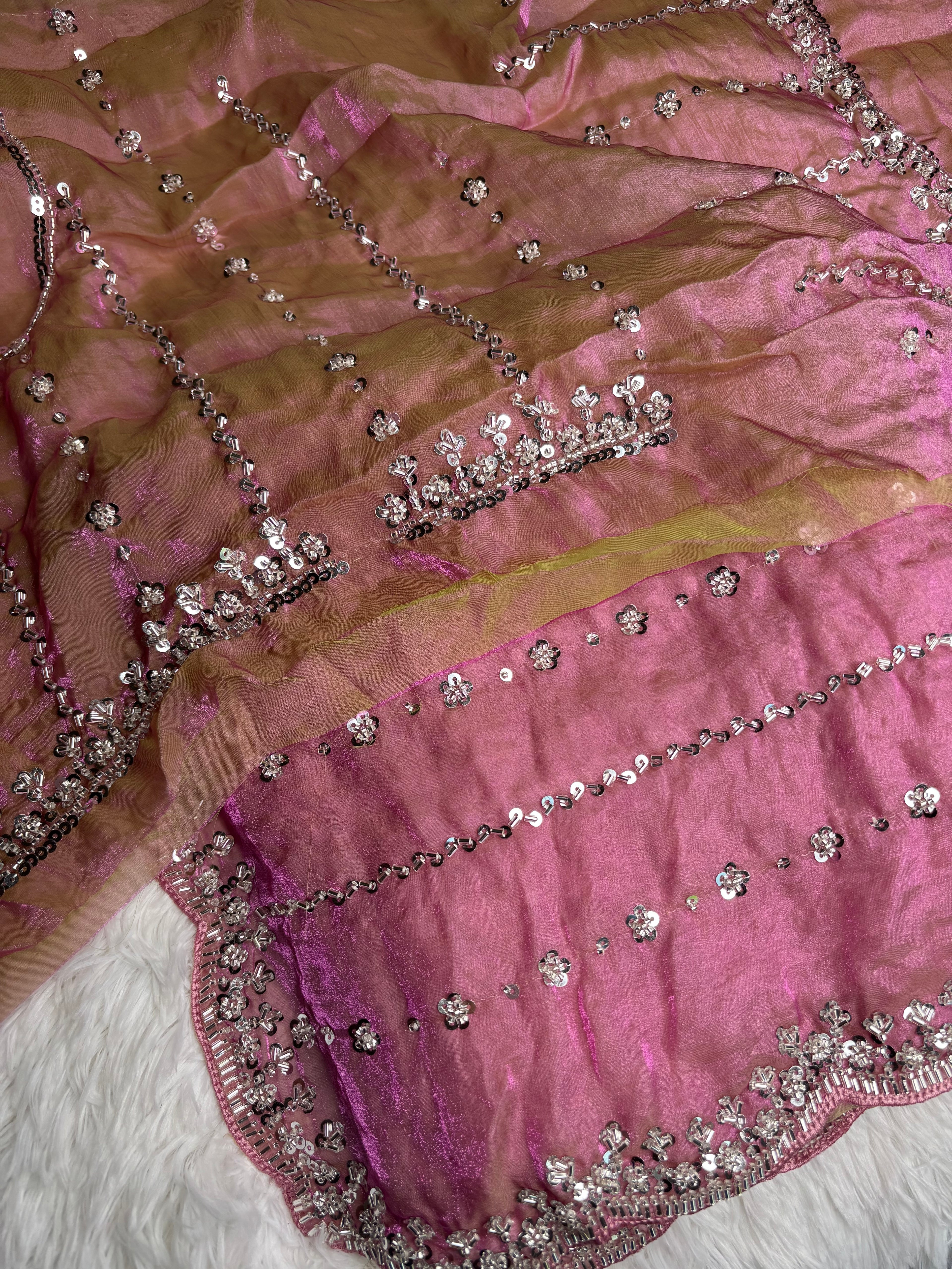 Kaddhana Beads Organza Fendi Silk Saree