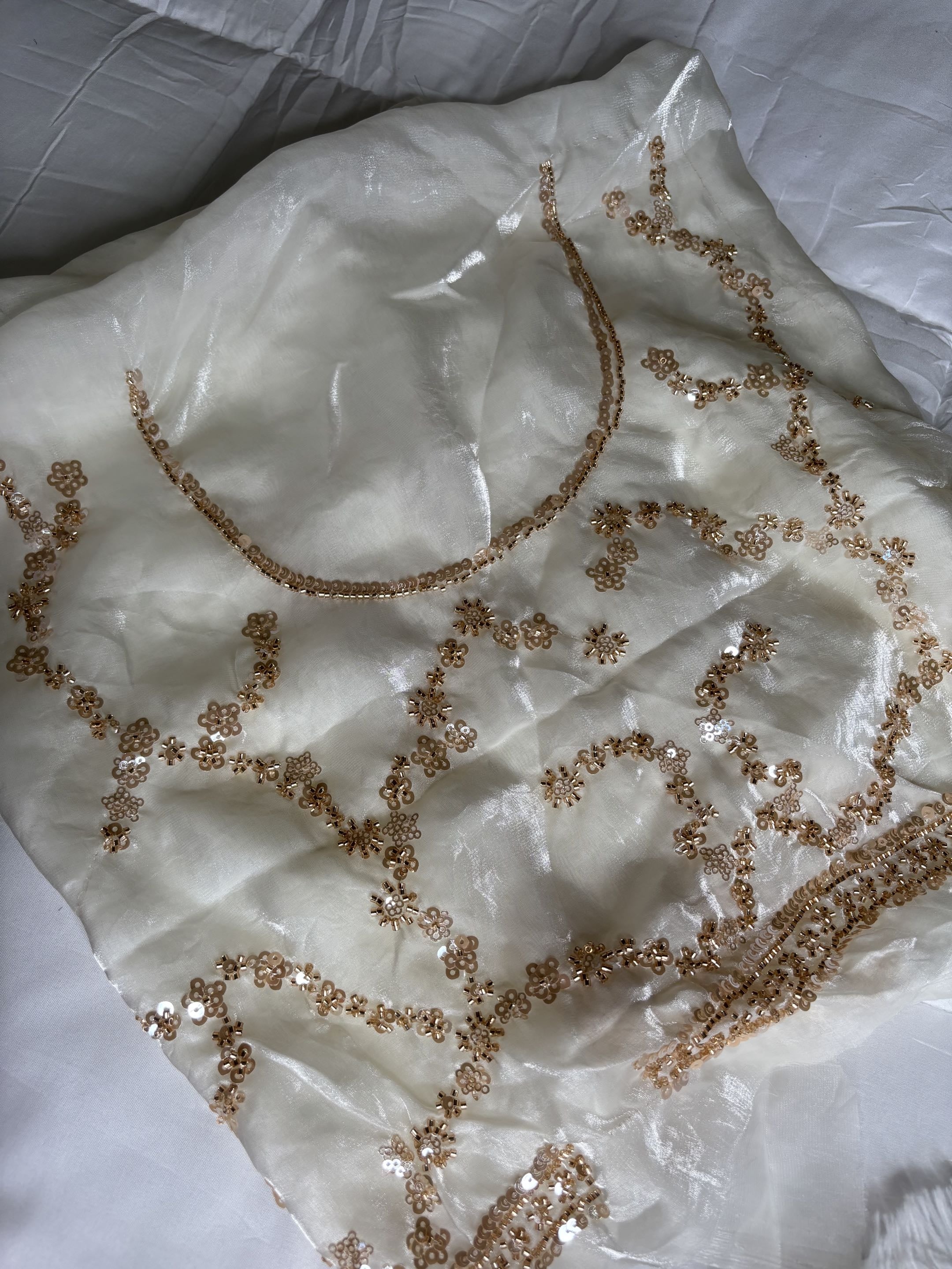 Organza Fendi Silk Bridal Gold Sequence Saree