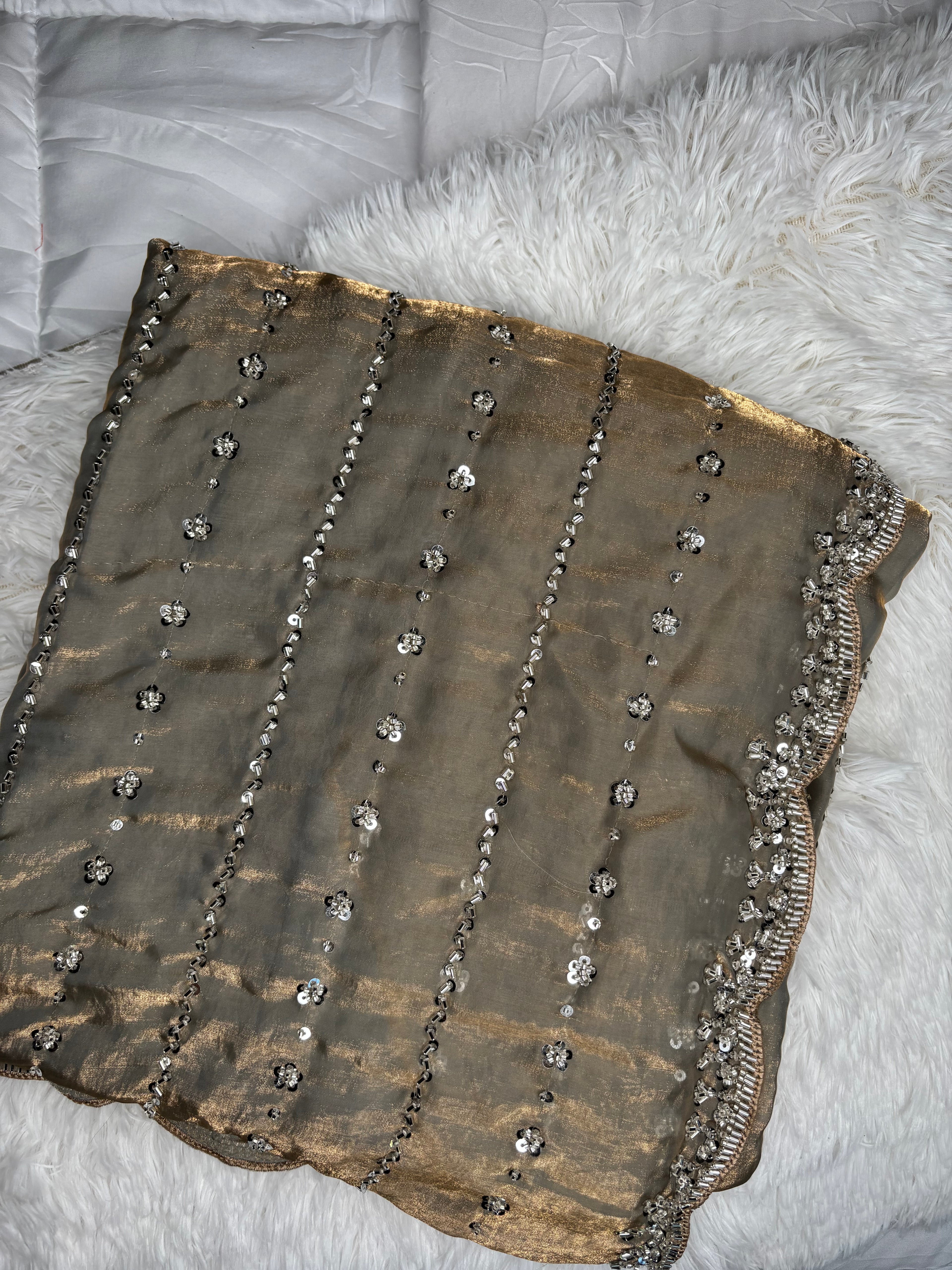 Kaddhana Beads Organza Fendi Silk Saree
