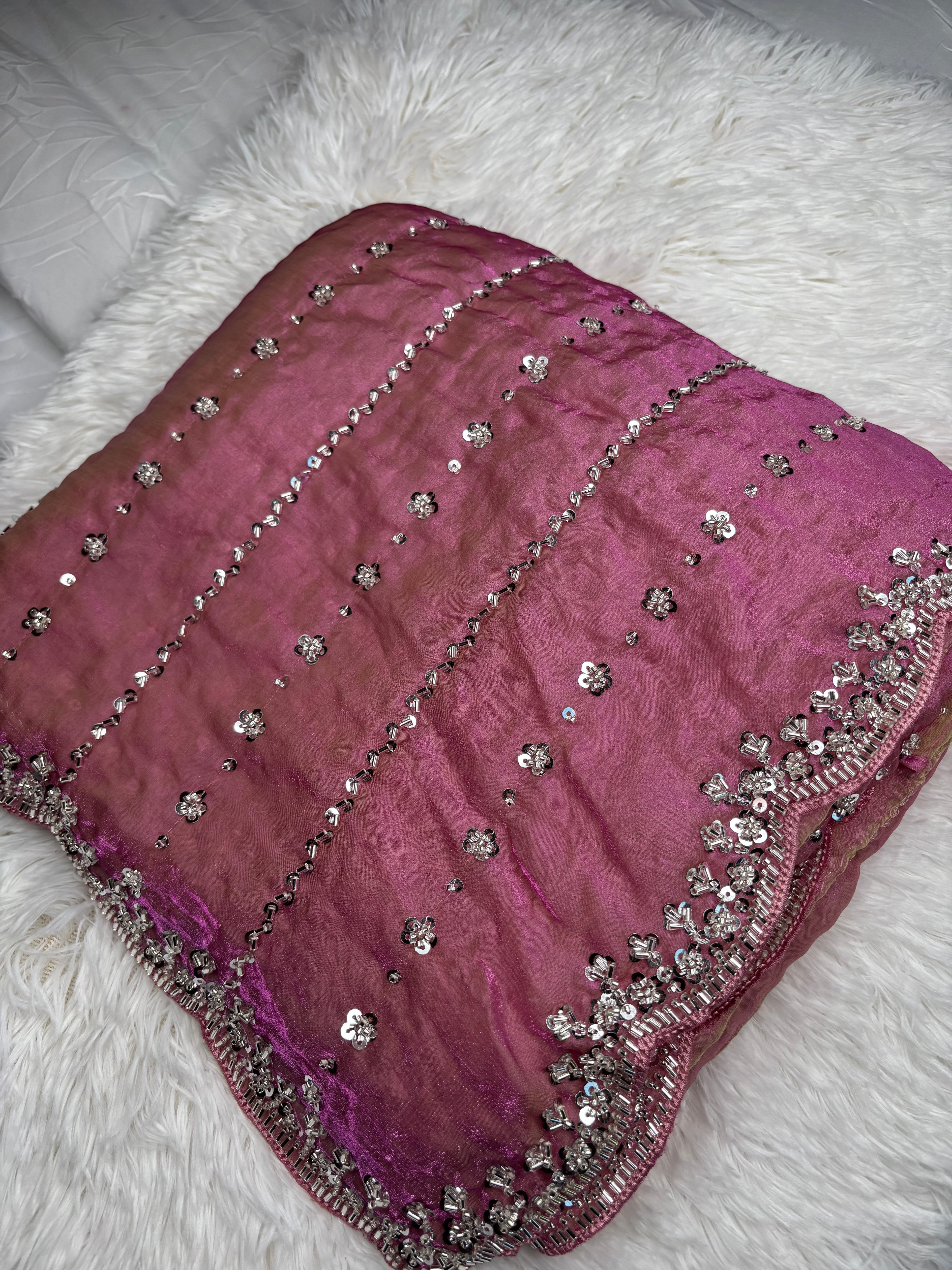 Kaddhana Beads Organza Fendi Silk Saree