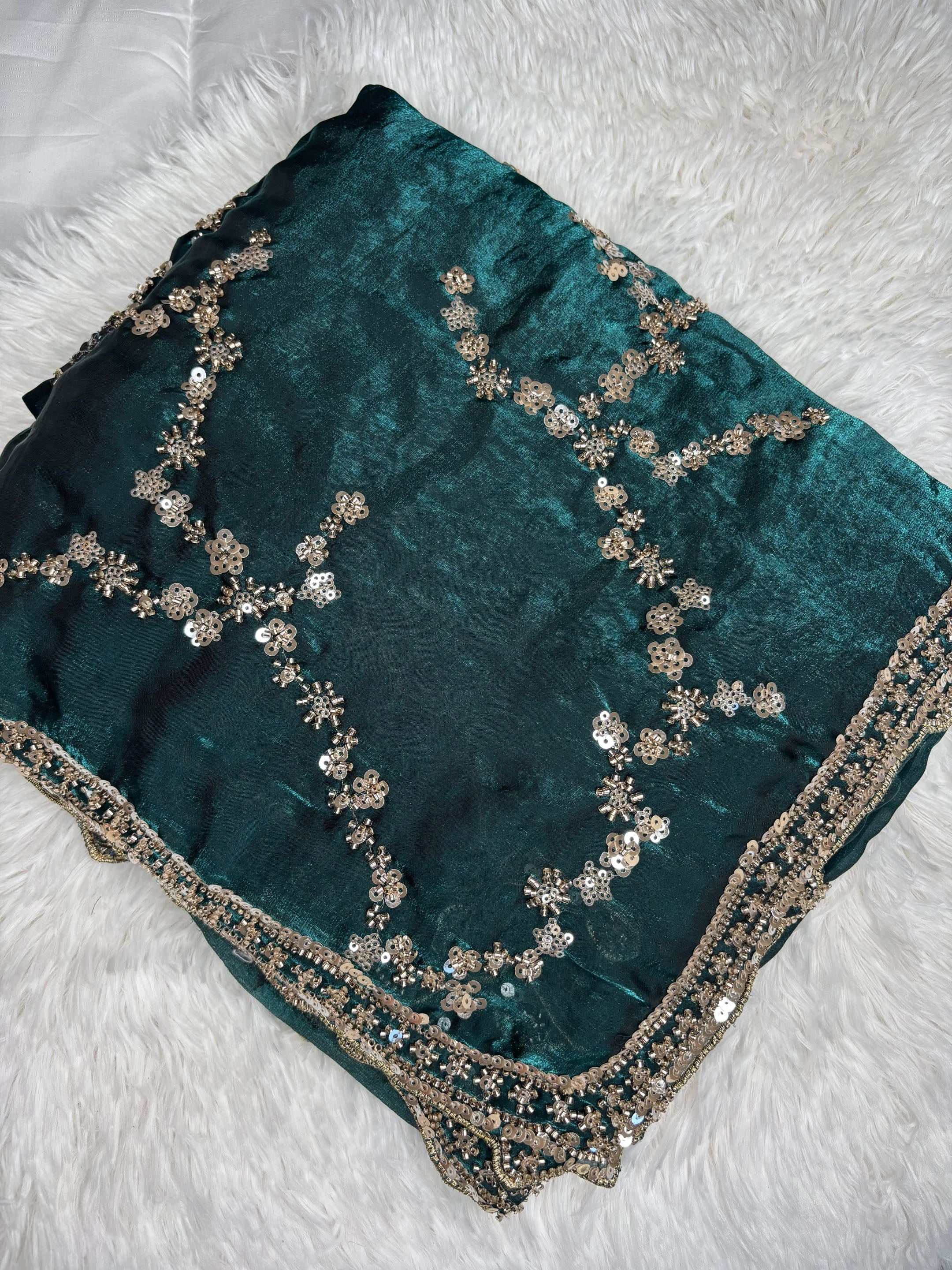 Organza Fendi Silk Bridal Gold Sequence Saree