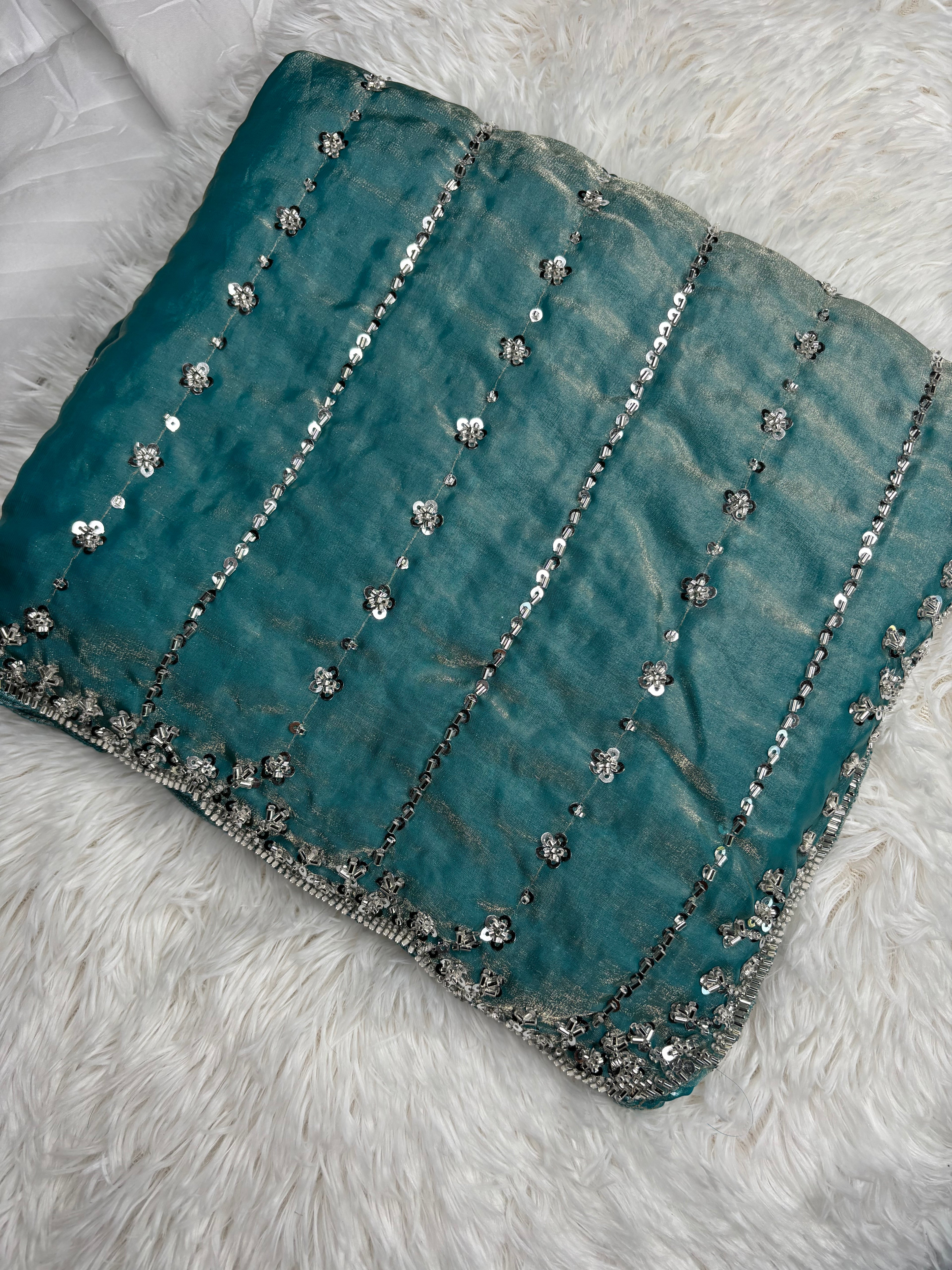 Kaddhana Beads Organza Fendi Silk Saree