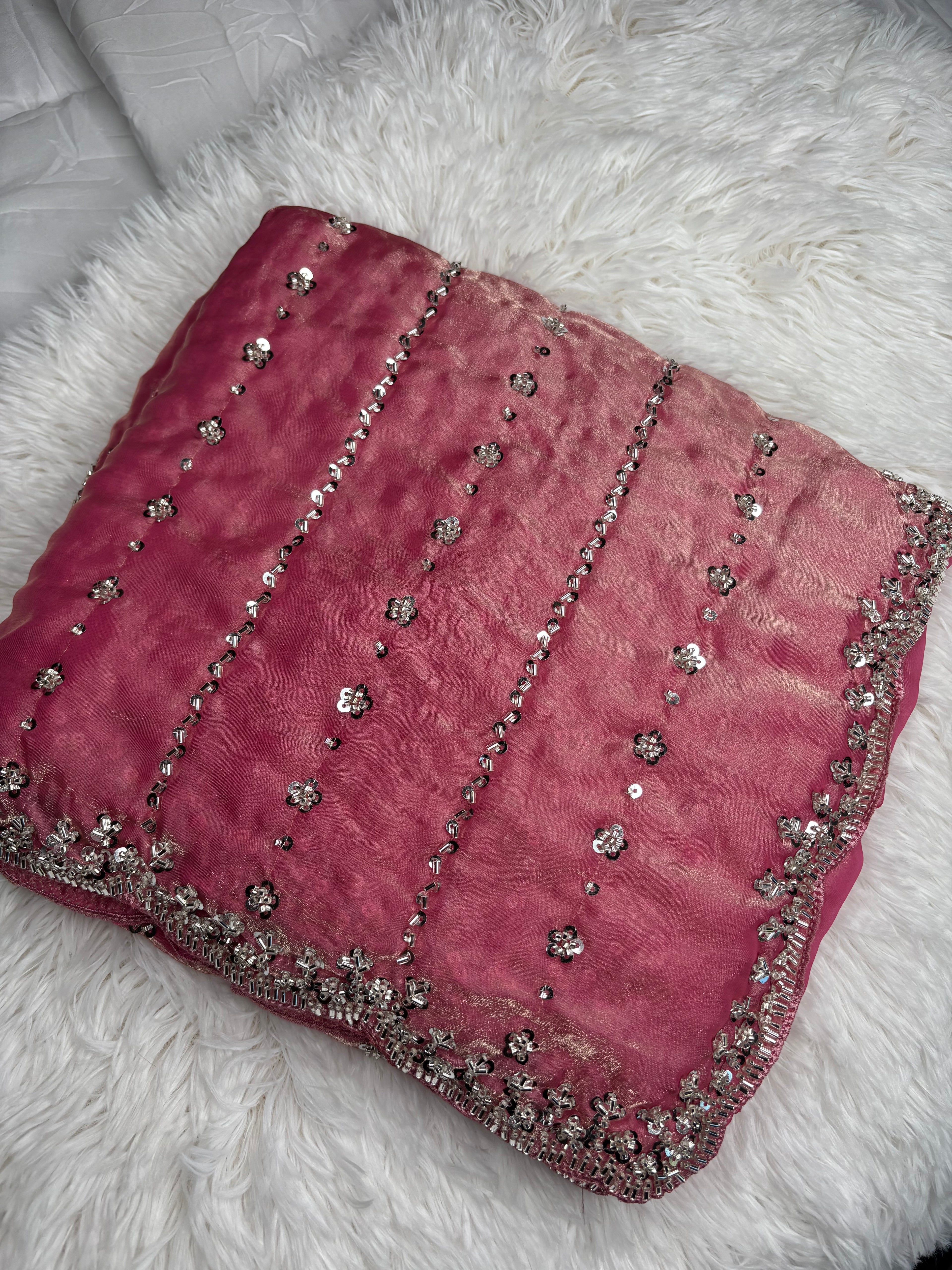 Kaddhana Beads Organza Fendi Silk Saree