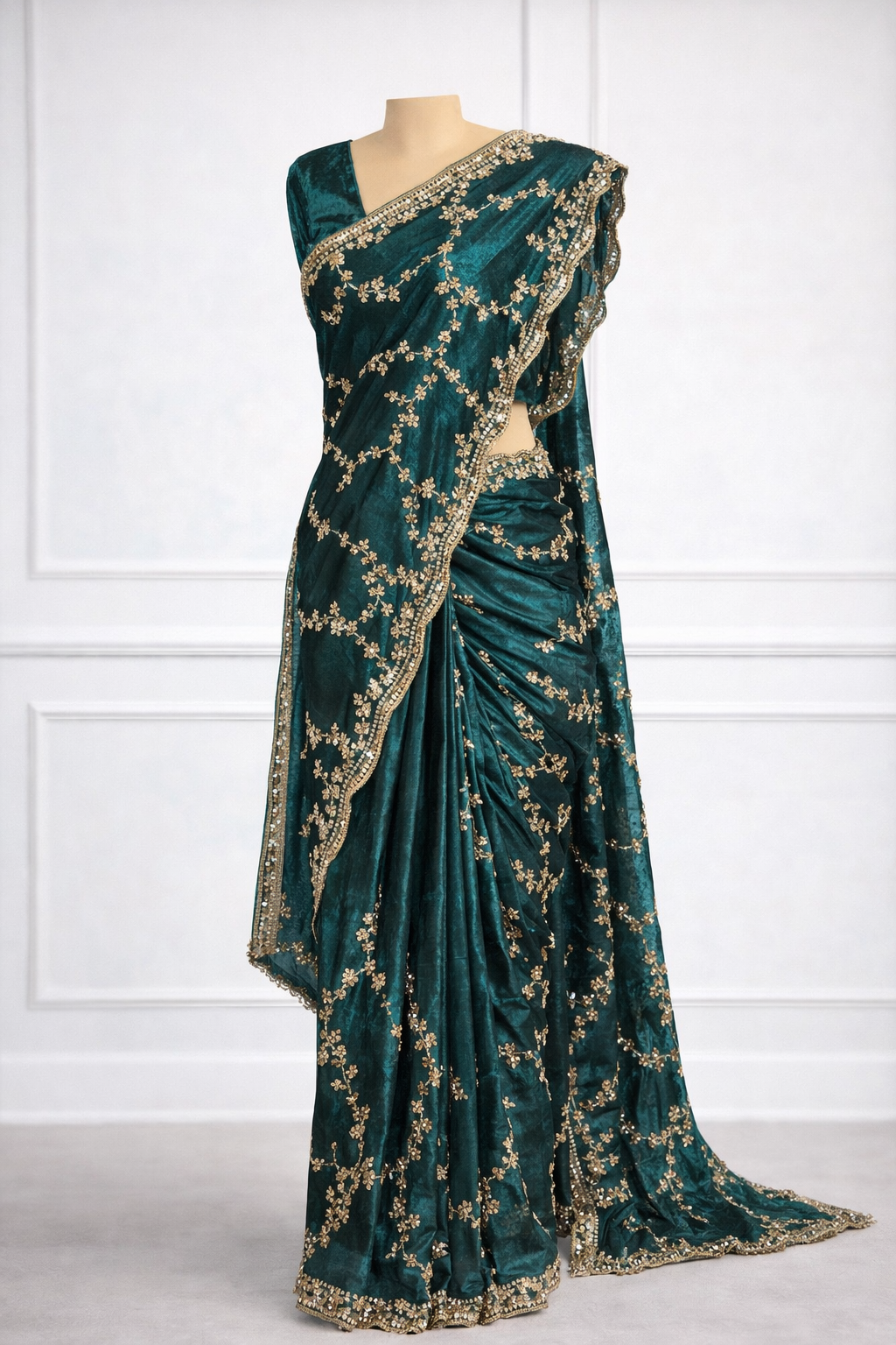 Organza Fendi Silk Bridal Gold Sequence Saree