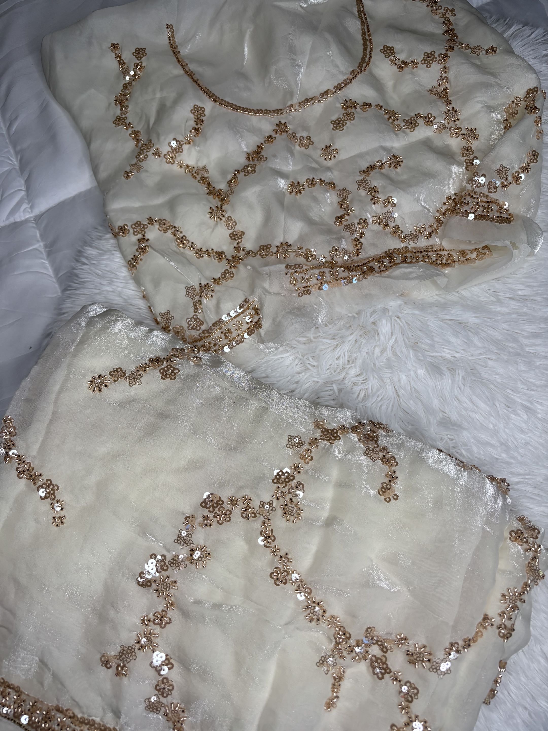 Organza Fendi Silk Bridal Gold Sequence Saree
