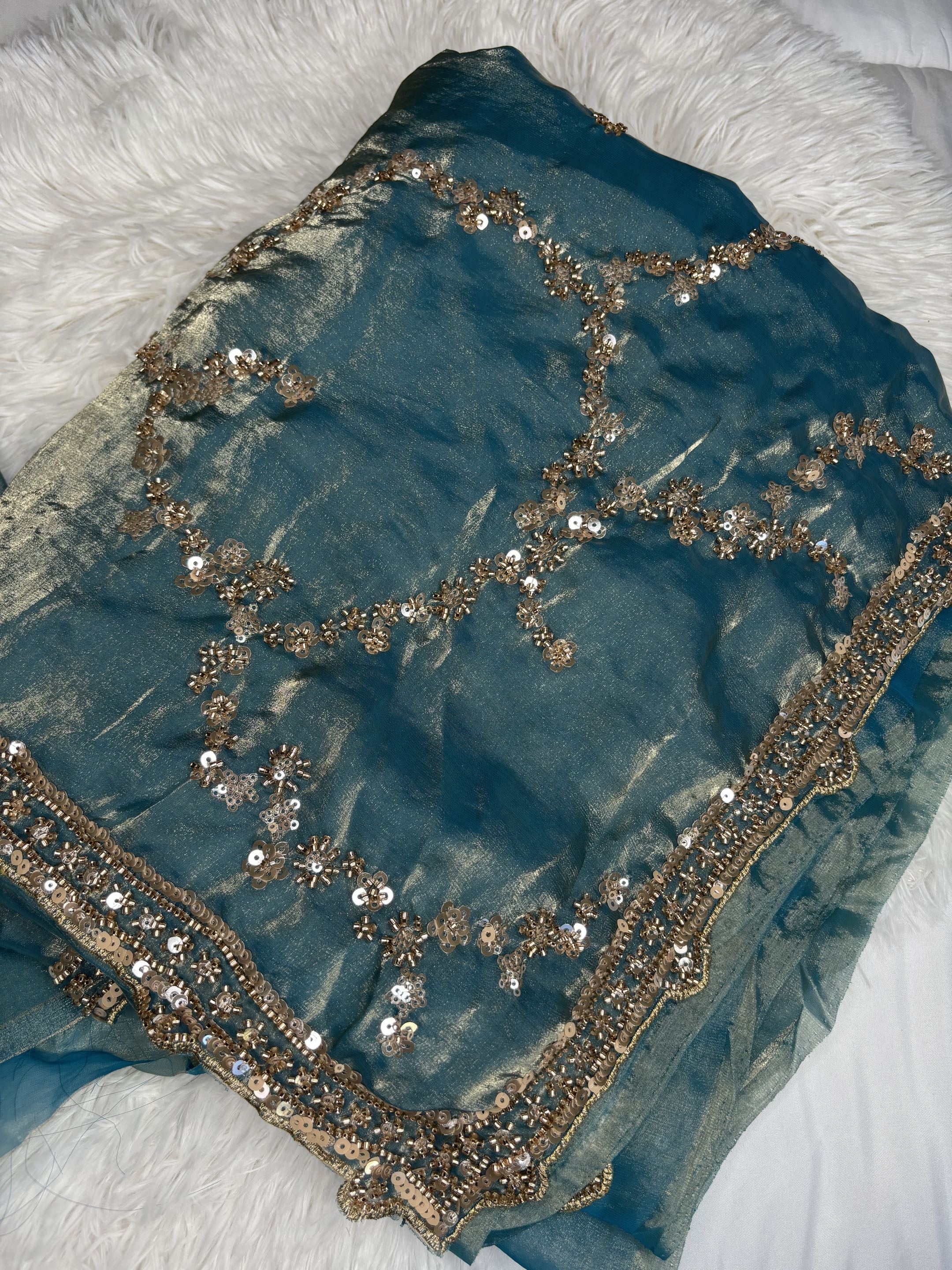 Organza Fendi Silk Bridal Gold Sequence Saree