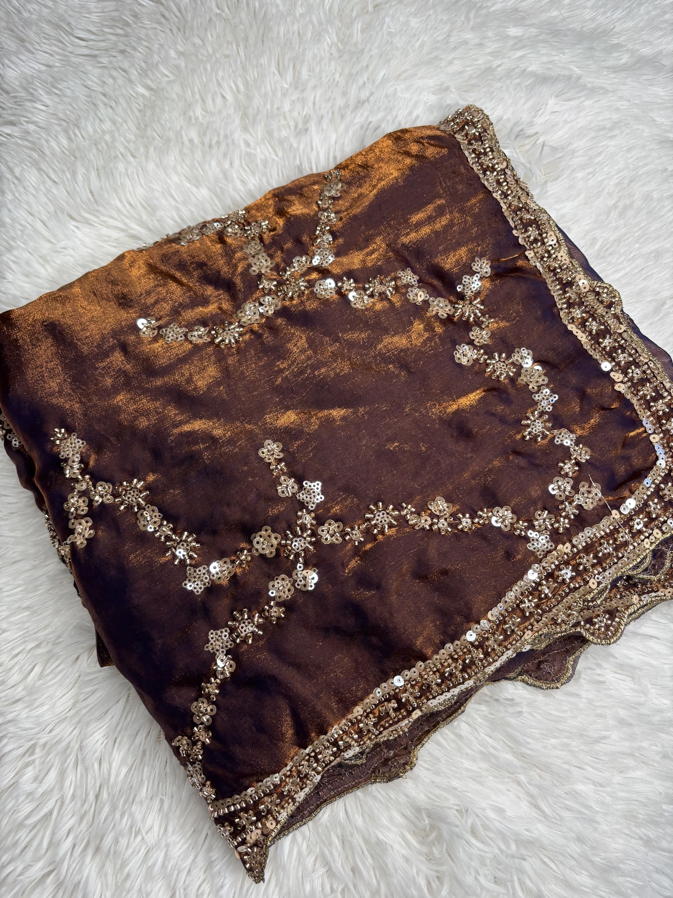 Organza Fendi Silk Bridal Gold Sequence Saree