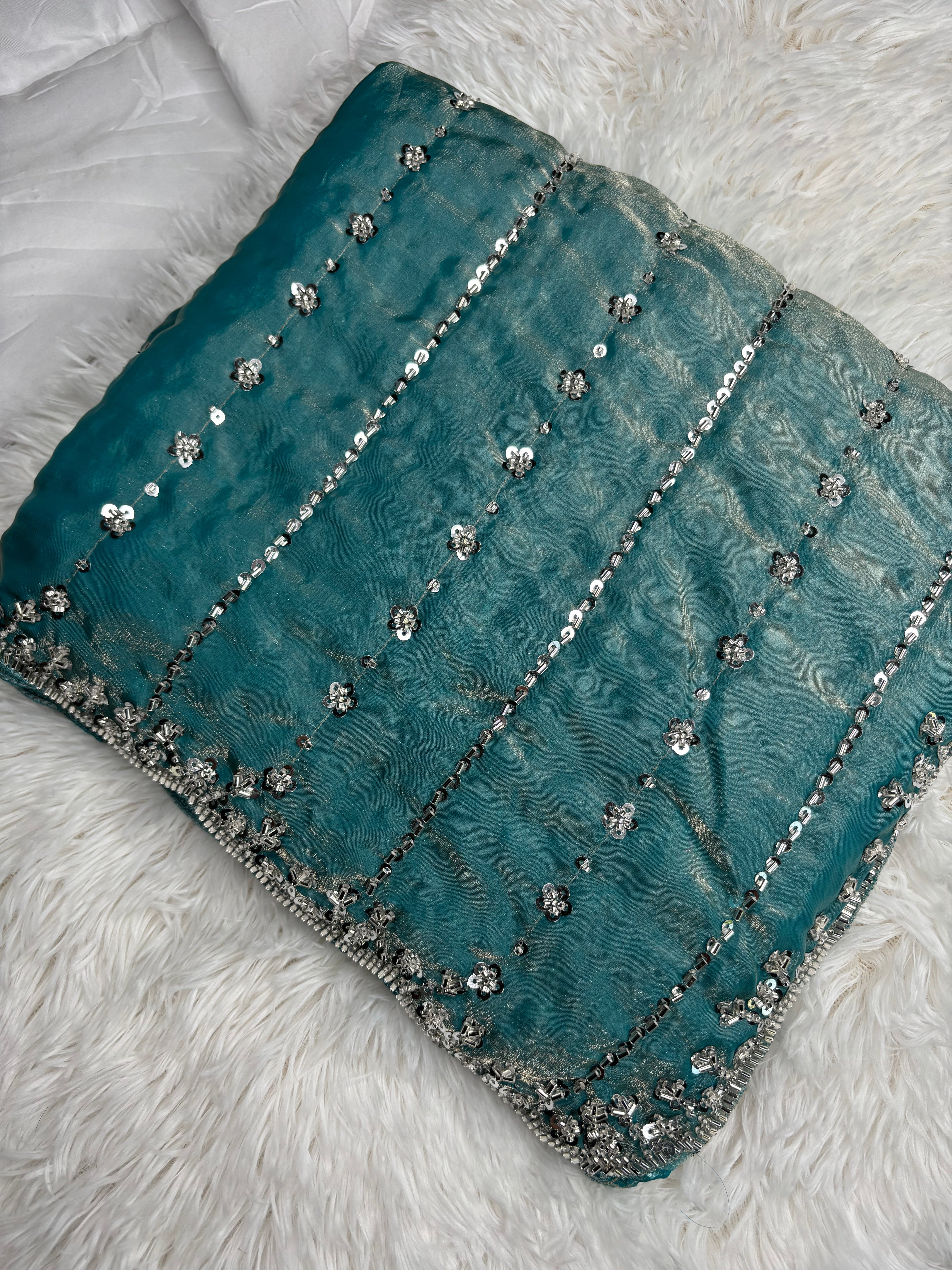Kaddhana Beads Organza Fendi Silk Saree