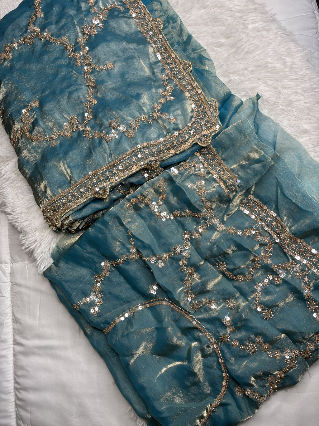 Organza Fendi Silk Bridal Gold Sequence Saree