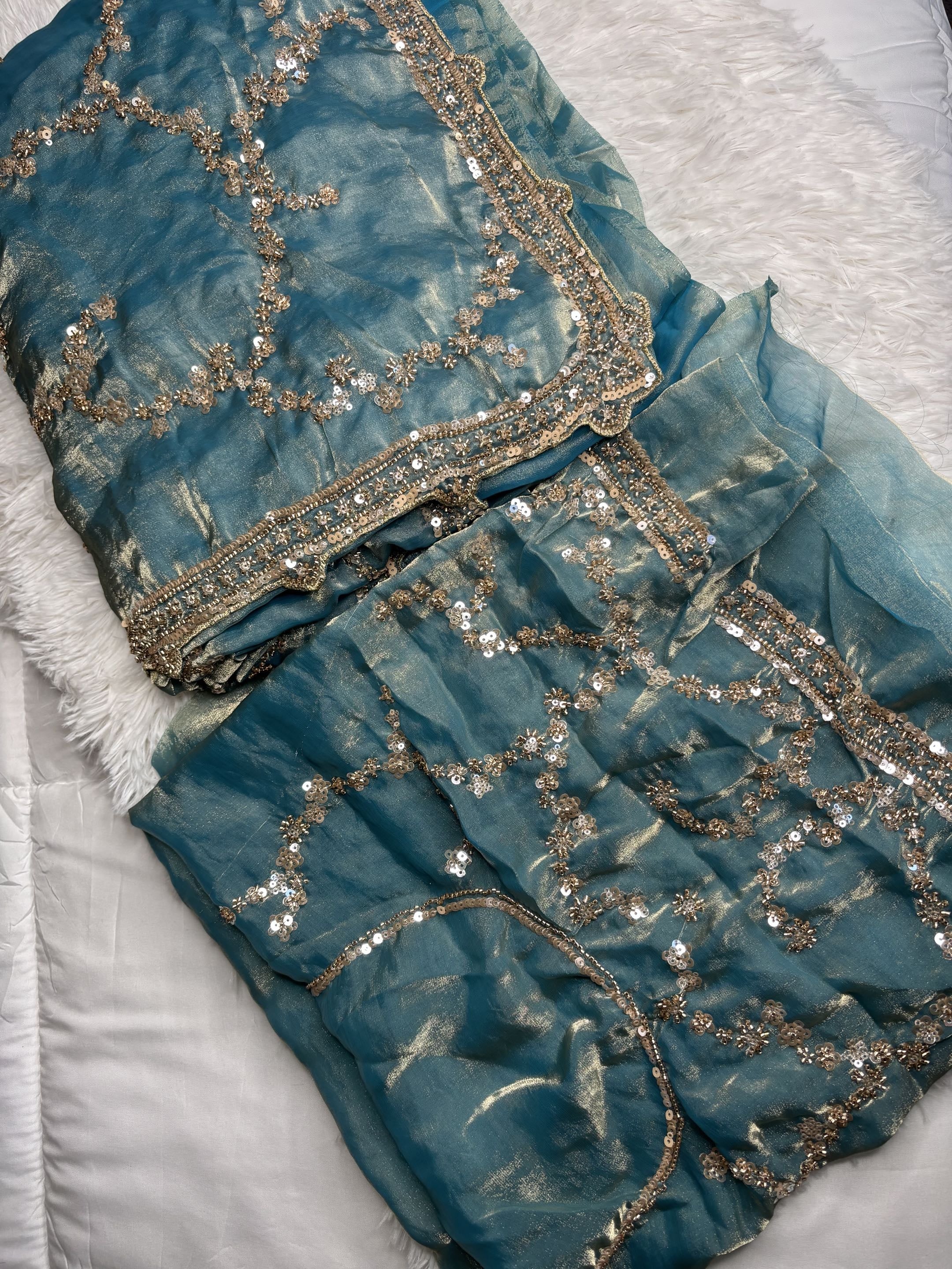 Organza Fendi Silk Bridal Gold Sequence Saree