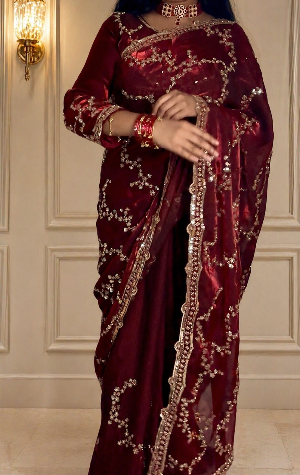 Organza Fendi Silk Bridal Gold Sequence Saree